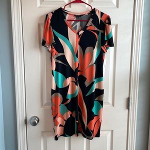 NWT Tribal Size Medium Short Sleeve Black,Aqua, and Coral Patterned Sheath Dress